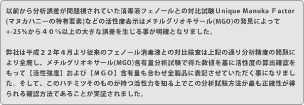 以前から分析誤差が問題視されていた消毒液フェノールとの対比試験Ｕnique Ｍanuka Ｆactor(マヌカハニーの特有要素)などの活性度表示はメチルグリオキサール(MGO)の発見によって+-25％から４０％以上の大きな誤差を生じる事が明確となりました。 弊社は平成２２年４月より従来のフェノール消毒液との対比検査は上記の通り分析精度の問題により全廃し、メチルグリオキサール(MGO)含有量分析試験で得た数値を基に活性度の算出確認をもって【活性強度】および【ＭＧＯR】含有量も合わせ全製品に表記させていただく事になりました。そして、このハチミツそのものが持つ活性力を知る上でこの分析試験方法が最も正確性が得られる確認方法であることが実証されました。