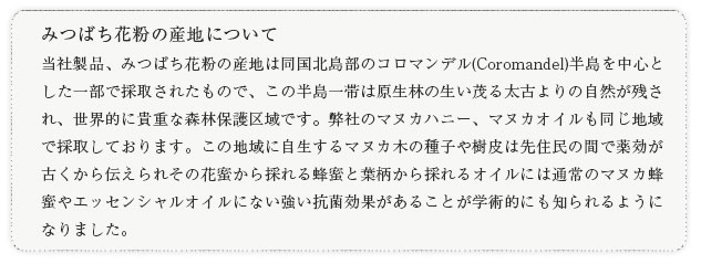 みつばち花粉の産地について 当社製品、みつばち花粉の産地は同国北島部のコロマンデル(Coromandel)半島を中心とした一部で採取されたもので、この半島一帯は原生林の生い茂る太古よりの自然が残され、世界的に貴重な森林保護区域です。弊社のマヌカハニー、マヌカオイルも同じ地域で採取しております。この地域に自生するマヌカ木の種子や樹皮は先住民の間で薬効が古くから伝えられその花蜜から採れる蜂蜜と葉柄から採れるオイルには通常のマヌカ蜂蜜やエッセンシャルオイルにない強い抗菌効果があることが学術的にも知られるようになりました。