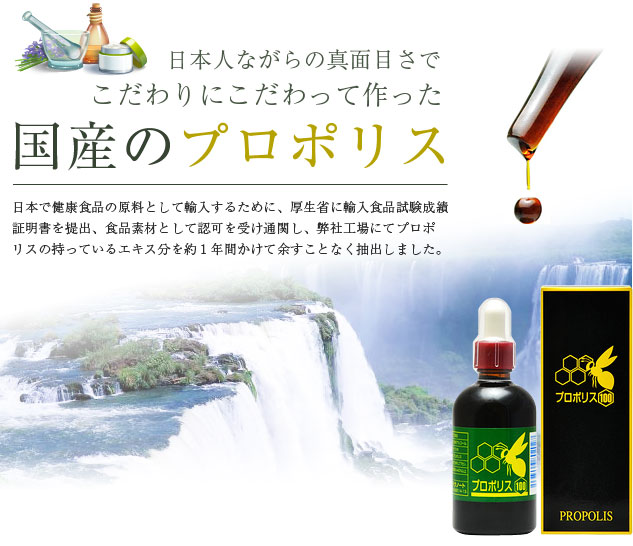 日本人ながらの真面目さでこだわりにこだわって作った国産のプロポリス　日本で健康諸侯品の原料として輸入するために、厚生省に輸入食品試験成績証明書を提出し、食品素材として認可を受け通関し、弊社工場にてプロポリスの持っているエキス分を約１年間かけて余すことなく抽出しました。