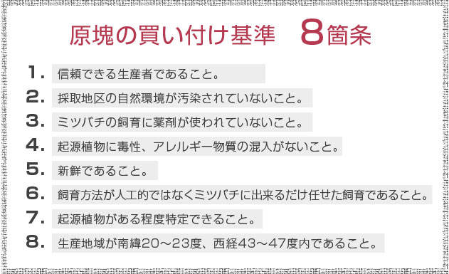 原塊の買い付け基準８箇条　１．信頼できる生産者であること。２．採取地区の自然環境が汚染されていないこと。２．ミツバチの飼育に薬剤が使われていないこと。４．起源植物が毒性、アレルギー性の混入がないこと。５．新鮮であること。６．飼育方法が人工的ではなくミツバチに出来るだけ任せた飼育であること。７．起源植物がある程度特定できること。８．生産地域が南緯２０～２３度、西経４３～４７度内であること。